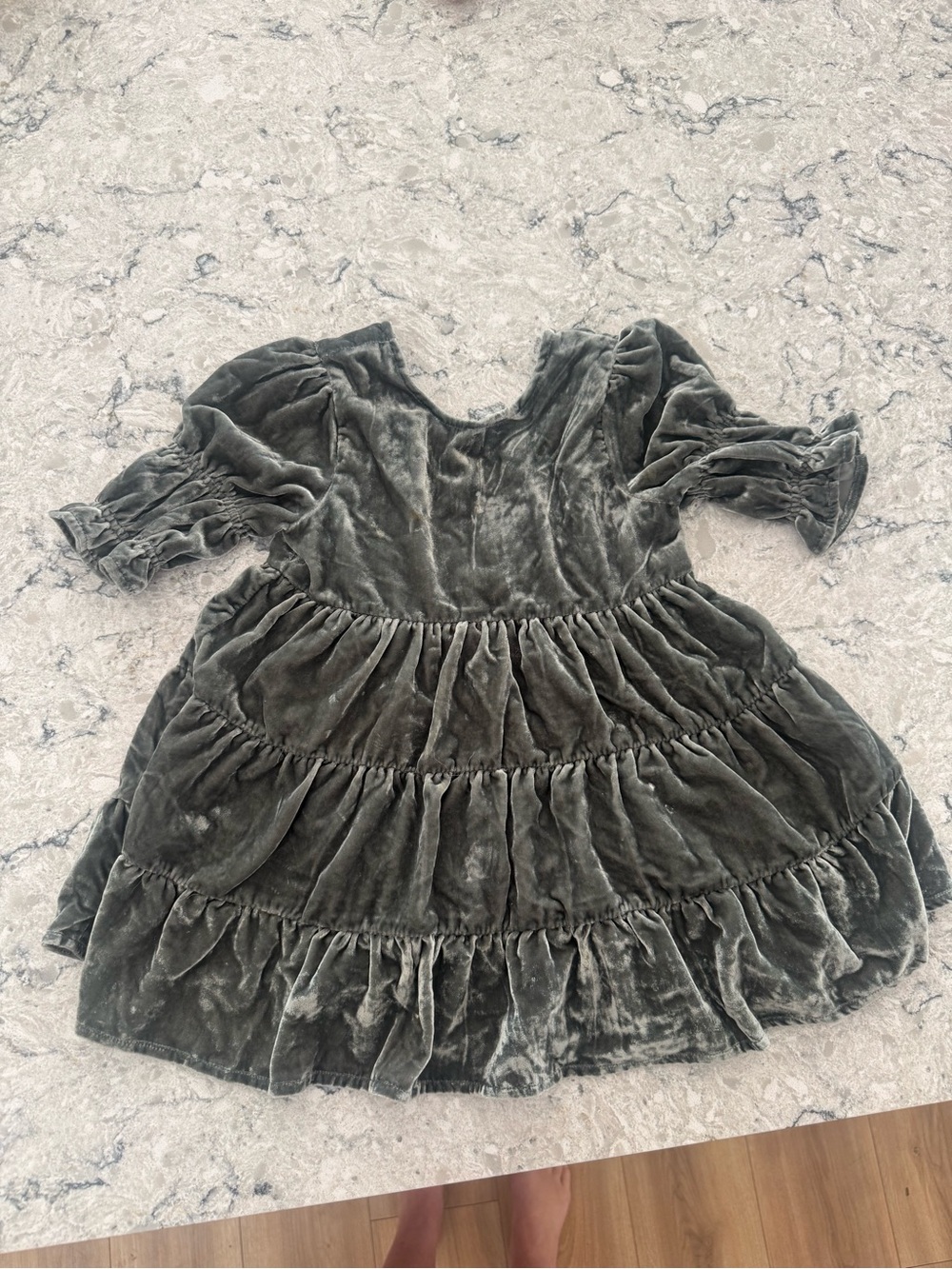 Girls Crushed Velvet Tiered Dress in Olive